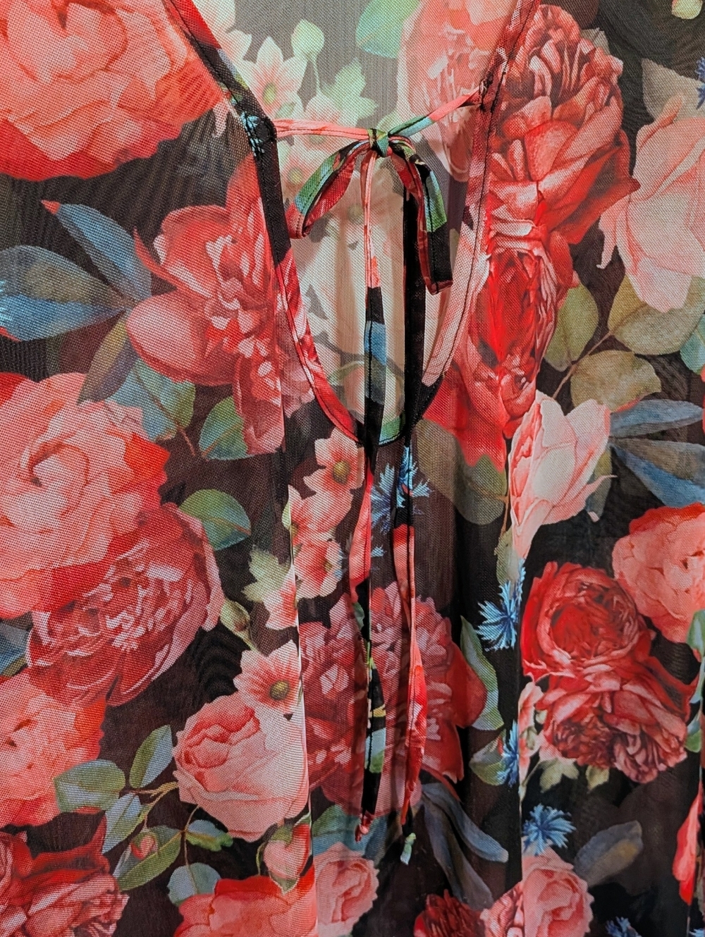 EUC La Vie En Rose Aqua M Sheer Black and Pink Rose Print Beach Dress - Picture 5 of 8